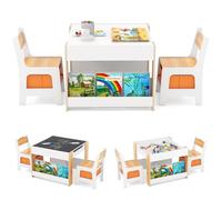 GOPLUS Mesa Infantil con 2 Sillas, Mesa de Dibujo 4 en 1 con Tablero Reversible y Pizarra, Pequeño Escritorio Infantil con 2 Cajas de Almacenaje Extraíbles, Estantes para Libros (Natural)