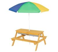 GOPLUS Mesa Infantil con Banco y Sombrilla, 3 en 1 Banco Convertible con Bandeja Extraíble y 2 Cajas de Almacenamiento, Mesa de Actividad de Madera para Exterior Jardín (Colorido