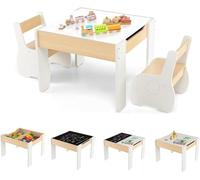 GOPLUS Mesa Infantil con Silla para 3-6 Años, 4 en 1 Mesa de Actividades con Bandeja Plegable de Doble Cara, Pizarra Negra, Respaldo Ergonómico, Mesa Pequeña para Jugar Comer Dibujar (Blanco)