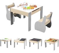 GOPLUS Mesa Infantil con Silla para 3-6 Años, 4 en 1 Mesa de Actividades con Bandeja Plegable de Doble Cara, Pizarra Negra, Respaldo Ergonómico, Mesa Pequeña para Jugar Comer Dibujar (Gris)