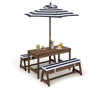 GOPLUS - Mesa infantil exterior con banco, mesa de picnic infantil de madera con sombrilla altura ajustable, salón de jardín para 1-4 niños, para terraza, patio, balcón (azul)