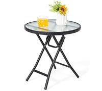 GOPLUS Mesa plegable exterior con tapa de cristal de 46 cm, mesa baja exterior redonda portátil con tapa de cristal templado, estructura de acero, ideal para terraza, porche, carga 50 kg
