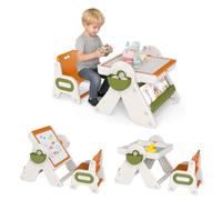 GOPLUS Mesa y Silla para Actividades Infantiles 9 en 1, Mesa Plegable y Giratoria con Caballete de 3 Alturas, Bloques de Construcción, Contenedores, de Agua y Arena para Niños de 18+ Meses (Naranja)