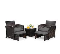 GOPLUS Mobiliario de jardín de 5 piezas, de ratán sintético, conjunto de muebles de jardín compuesto por 1 mesa, 2 sillas y 2 otomanas, cojines con funda extraíble y lavable, bar, terraza (gris)