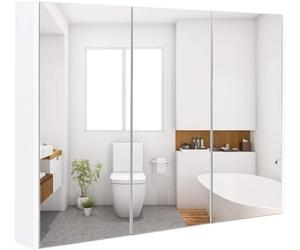 GOPLUS Mueble Camerino con Espejo, 3 Puertas, Armario de Madera Pared, Armario Auxiliar de Baño Multiusos, Estantes con 3 Niveles de Ajuste, Blanco