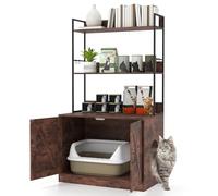 GOPLUS Mueble para Caja de Arena para Gatos, Armario de Arenero con 3 Estantes, 2 Puertas, Entrada Lateral, 4 Ganchos, Marco de Metal, Baño Oculto para Mascotas de Interior, 80 x 48 x 145 cm (Marrón)