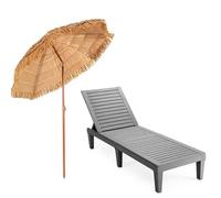 GOPLUS Muebles de Exterior de 2 Piezas, Tumbona Plegable en 5 Posiciones, 190 x 57,5 x 29 - 84,5 cm, 2M Sombrilla Paja de PP con 8 Varillas para Piscina, jardín (Gris, 1 Tumbon 1 Sombrilla)