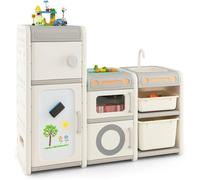 GOPLUS Organizador de Juguetes Versátil para Niños, Unidad de Almacenaje con 4 Armarios, 2 Papeleras, Pizarra Magnética, Fregadero y Grifo Extraíbles, para Salón, Habitación Infantil, Guardería.