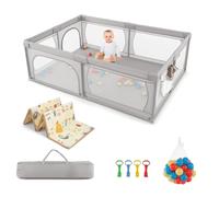 GOPLUS Parque infantil de 206 x 147 x 68,5 cm, parque infantil con 50 bolas oceánicas y gran puerta con cremallera, bolsa portátil, parque infantil para 0-3 años con malla transpirable (gris claro)