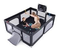 GOPLUS Parque Infantil Plegable para Bebés con Canasta de Baloncesto, Portería de Fútbol, Corralito Recinto para Niños con Puertas, Anillas de Tracción, Bolas Oceánicas (Gris oscuro,188 x 157 cm)