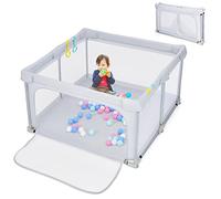 GOPLUS Parque Plegable para Bebé 10 Meses a 6 Años, Parque Bebe de Malla Transpirable con Bolas y 4 Anillos, Centro de Actividades de Niño, para Interior y Exterior (Gris, 124 x 124 x 70cm)