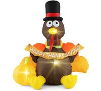 GOPLUS Pavo Inflable de 150 cm con Calabaza, Decoración Inflable para Acción de Gracias con Sombrero de Peregrino, Luces LED, Cuerdas Antiviento y Estacas para Tierra, Decoración Exterior para Fiesta