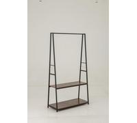 GOPLUS Perchero de Pie con 2 Estantes de Almacenamiento y 4 Ganchos, Marco de Metal con Barra de Ropa, Burro Perchero para Entrada Pasillo Dormitorio, 94 x 39,5 x 171 cm (Marrón+Negro)