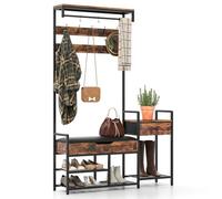 GOPLUS Perchero de Pie con Zapatero, Banco para Zapatos, Estantes Abiertos, 12 Ganchos, Cajón, Estructura Metálica, Perchero Entrada Recibidor Industrial para Salón Dormitorio Pasillo, 120x30x178cm