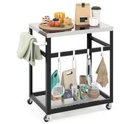 GOPLUS Postre de jardín con Plancha de 2 Niveles de Metal con encimera de Acero Inoxidable, estantería, 4 Ganchos, Ruedas y Mango, para jardín, Patio (83,5 x 50,5 x 84,5 cm, Plateado)