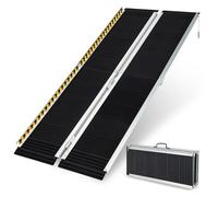GOPLUS Rampa de Aluminio para Silla de Ruedas, Rampa Portátil con Placa de Transición, Superficie Antideslizante y Adhesivo Reflectante de Advertencia, Rampa Plegable para Escaleras (183 cm)