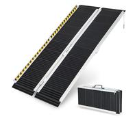 GOPLUS Rampa de Aluminio para Silla de Ruedas, Rampa Portátil con Placa de Transición, Superficie Antideslizante y Adhesivo Reflectante de Advertencia, Rampa Plegable para Escaleras (152 cm)