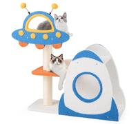 GOPLUS Rascador para Gatos de 4 Niveles, con una Plataforma en Forma de Disco Volador y un Nido en Forma de Cohete, Árbol para Gatos con 2 Pelotas de Resorte, Árbol para Gatos con Columnas de Sisal