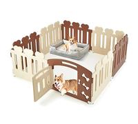GOPLUS Recinto para cachorros 7 paneles 1 puerta de plástico,barrera para mascotas domésticas con ventosas dobles y estacas de suelo,para perros pequeños y gatos,155 x 155 x 60 cm,marrón y beige