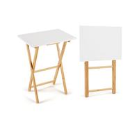 GOPLUS Set de 2 Mesas Auxiliares Plegables de Jardín, Mesa Lateral para Sofá de Bambú con Patas en Forma de X, Travesaños Reforzadas, Plegado y Montaje Fáciles, Mesita Auxiliar para Dormitorio,