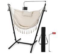 GOPLUS Silla Colgante Exterior con Estructura，Hamaca de Algodón con Soporte para Celular, Altura Ajustable, Columpios Portátil para Jardín, Patio y Dormitorio,Carga 250kg (Beige)