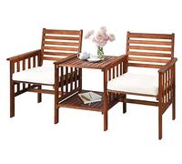 GOPLUS Silla de 2 Plazas de Madera, Juego de Silla y Mesa para 2 Personas, Conjunto de Conversación de Exterior con Cojines de Funda Lavable & Agujero para Sombrilla, para Patio, Piscina (Blanco)