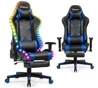 GOPLUS Silla Gaming, Silla Gamer Giratoria con Respaldo Reclinable 90-155°, Luces LED RGB, Altura y Reposabrazos Ajustables, Reposapiés Retráctil y Soporte Lumbar, Silla Ergonómica para Oficina (Azul)