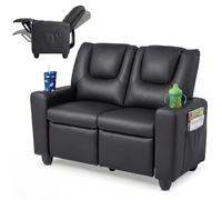 GOPLUS Sillón Reclinable de 2 Plazas para Niños 3+ con 2 Portavasos, Negro | Sofá Infantil de Cuero Artificial con Respaldo Ajustable, Reposapiés Retráctil, 2 Bolsillos Laterales, Silla de Lectura Doble