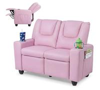 GOPLUS Sillón Reclinable de 2 Plazas para Niños 3+ con 2 Portavasos, Rosa | Sofá Infantil de Cuero Artificial con Respaldo Ajustable, Reposapiés Retráctil, 2 Bolsillos Laterales, Silla de Lectura Doble