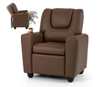 GOPLUS Sillón Reclinable Infantil con Portavasos, Silla Reclinable de Tela de Terciopelo con Respaldo y Reposapiés Ajustables, Cojín de Asiento con Resortes, Sofá para Niños de 3+ Años (Marrón)