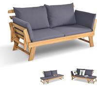 GOPLUS Sofá Cama de Jardín 2 Plazas, 3 en 1 Sofá Exterior Convertible en Tumbona y Cama Individual, Banco de Madera de Acacia con Cojines y Reposabrazos Ajustables, Terraza Patio Piscina (Gris)