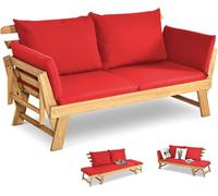 GOPLUS Sofá Cama de Jardín 2 Plazas, 3 en 1 Sofá Exterior Convertible en Tumbona y Cama Individual, Banco de Madera de Acacia con Cojines y Reposabrazos Ajustables, Terraza Patio Piscina (Rojo)