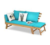 GOPLUS Sofá Cama de Jardín 2 Plazas, 3 en 1 Sofá Exterior Convertible en Tumbona y Cama Individual, Banco de Madera de Acacia con Cojines y Reposabrazos Ajustables, Terraza Patio Piscina (Turquesa)