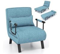 GOPLUS Sofá Cama Individual, Sillón Relax Reclinable 4 en 1 con Respaldo Ajustable en 6 Posiciones, Almohada y Orejero, Butaca de Salón 1 Plaza para Oficina, Salón, Carga 150kg (Azul-Verde)