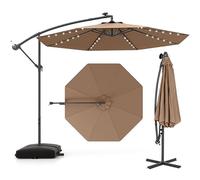 GOPLUS Sombrilla Terraza Exterior 3,5 x3,5m con 40 Luces LED Solares, Parasol Excentrico Inclinable con Pie y Base, Altura ajustable, Resistente al Viento y GuardaSol (con Base y LED,Marrón,3,5 M)