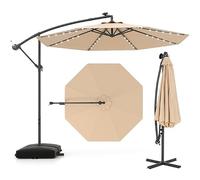 GOPLUS Sombrilla Terraza Exterior 3,5 x3,5m con 40 Luces LED Solares, Parasol Excentrico Inclinable con Pie y Base, Altura ajustable, Resistente al Viento y GuardaSol (con Base y LED,Beige,3,5 M)