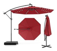 GOPLUS Sombrilla Terraza Exterior 3x3 m con 40 Luces LED Solares, Parasol Excentrico Inclinable con Pie y Base, Altura ajustable, Resistente al Viento y GuardaSol (con Base y LED, Rojo, 3 M)