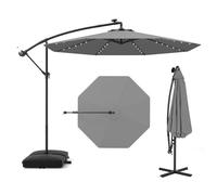 GOPLUS Sombrilla Terraza Exterior 3x3 m con 40 Luces LED Solares, Parasol Excentrico Inclinable con Pie y Base, Altura ajustable, Resistente al Viento y GuardaSol(con Base y LED, Gris, 3 M)