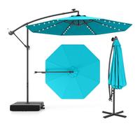 GOPLUS Sombrilla Terraza Exterior 3x3 m con 40 Luces LED Solares, Parasol Excentrico Inclinable con Pie y Base, Altura ajustable, Resistente al Viento y GuardaSol (con Base y LED, Turquesa, 3 M)