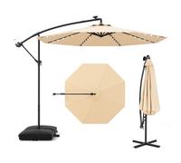 GOPLUS Sombrilla Terraza Exterior 3x3 m con 40 Luces LED Solares, Parasol Excentrico Inclinable con Pie y Base, Altura ajustable, Resistente al Viento y GuardaSol(con Base y LED, Beige, 3 M)
