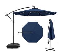 GOPLUS Sombrilla Terraza Exterior 3x3 m con 40 Luces LED Solares, Parasol Excentrico Inclinable con Pie y Base, Altura ajustable, Resistente al Viento y GuardaSol (con Base y LED, Azul, 3 M)