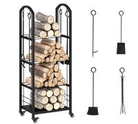 GOPLUS Soporte para Leña de 4 Niveles, Leñero Metálico con Estantes de Almacenamiento de Rejilla, 4 Herramientas, Base Elevada, 4 Ruedas Universales, Leñera Móvil para Chimenea, Interior y Exterior