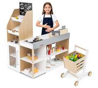 GOPLUS Supermercado de Juguete para Niños 3+ Años con Carrito de Compra | Juego de Tienda de Comestibles de Madera con Caja Registradora, Estantes, Mostrador y Pizarra, Juguete de Rol Infantil