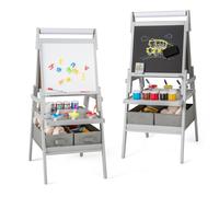 GOPLUS Tablero de Pintura Infantil Doble Cara 3 en 1, Caballete Infantil con Pizarra Blanca Negra y Rodillo para Papel de Madera con Estante, 3 Macetas y 2 Cajones, para Niños de de 3-6 Años (Gris)