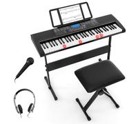 GOPLUS Teclado Eléctrico de 61 Teclas para Principiantes, Piano Digital con Soporte y Banco Ajustables, 2 Modos de Alimentación, Teclas Iluminadas y 3 Modos de Enseñanza, Altavoces Estéreo, Micrófono