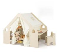 GOPLUS Tienda de Campaña de Madera para Niños de 2-6 Años, Tienda de Juego 6 en 1 con Mesa y Silla Infantil de Altura Ajustable con Pizarra, Colchón de Espuma, 6 Cajas para Juguetes, Carga Máx 60kg