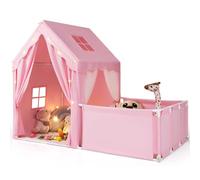 GOPLUS Tienda de Campaña Infantil con Parque, tipi Infantil Interior 2 en 1 con Patio, Luces Estrelladas, Alfombra de Algodón Lavable, Cortinas, Ventanas, Tienda de Juegos para Niños de 3+ Años (Rosa)