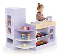 GOPLUS Tienda De Comestibles Para Niños, Juego De Supermercado De Madera Con Mostrador De Caja, Máquina POS, Máquina Expendedora, Con Soporte Para Caja Registradora Para Niños Con Accesorios (Violeta)