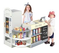 GOPLUS Tienda De Comestibles para Niños, Juego De Supermercado De Madera para Niños con Pizarra, Caja Registradora, Máquina Expendedora, Accesorios, para Niños A Partir De 3 Años (Gris)