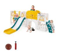 GOPLUS Tobogán de Juguete para Niños, Tobogán con Columpio y Canasta de Baloncesto, Parque Infantil de Plástico, con Telescopio, Escalera, Pasillo, Volante, Espacio de Almacenamiento (Amarillo)